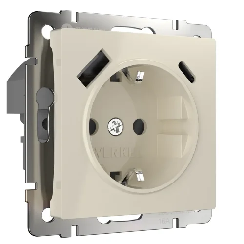 Розетка с заземлением, шторками и USB тип A+C (слоновая кость) W1171703 - фото