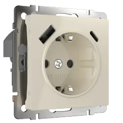 Розетка с заземлением, шторками и USB тип A+C (слоновая кость) W1171703
