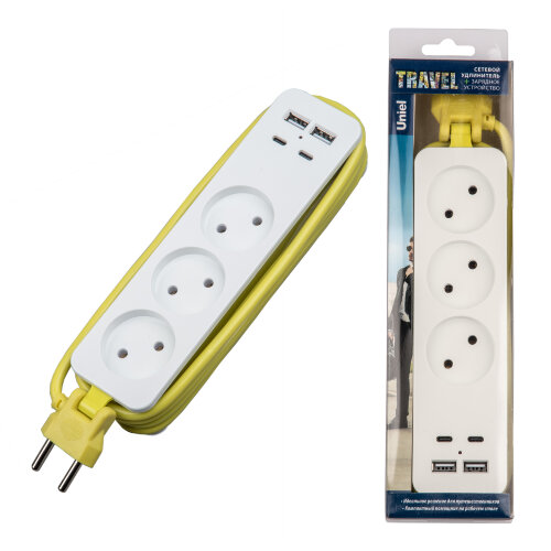 S-CT3-1,8UC WHITE/GREEN Удлинитель серии Travel, шнур 1,8м., 3 гнездa, 10A, б/з, 2USB+2TYPE C(3,1A) Белый с салатовым. ТМ Uniel - фото