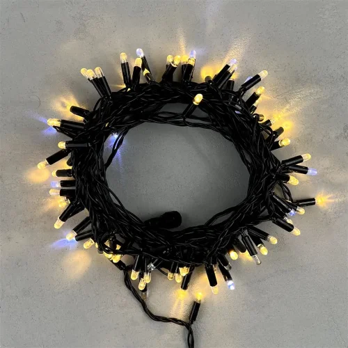 Гирлянда Нить с Колпачком 10м Тепло-Белая с Мерцанием Белого Диода 220В, 100 LED, Провод Черный ПВХ, IP65. Фото 1.