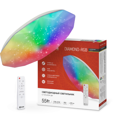 Светильник светодиодный COMFORT DIAMOND-RGB 55Вт 230В 3000-6500K 4400Лм 385x75мм с пультом дистанционного управления IN HOME - Фото 2