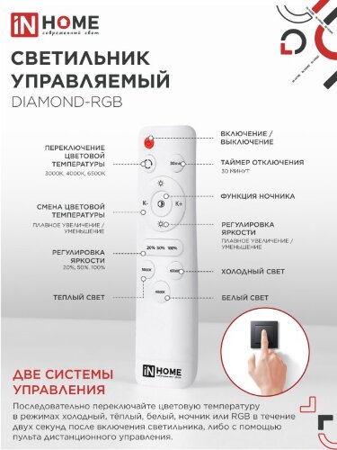 Светильник светодиодный COMFORT DIAMOND-RGB 55Вт 230В 3000-6500K 4400Лм 385x75мм с пультом дистанционного управления IN HOME - Фото 3