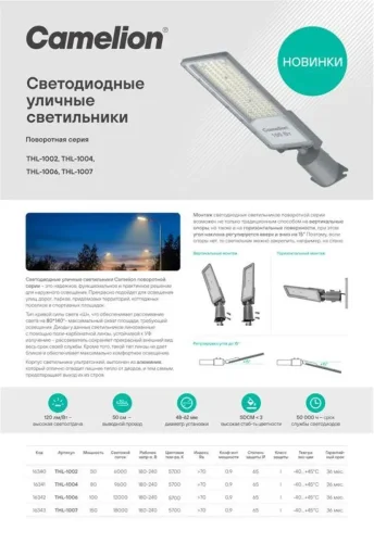 Светильник THL-1006 100Вт 5700К IP65 12000лм 180-240В 500х130х79 КСС 'Ш' 1/10 ПВ уличный Camelion 16342 - фото 5