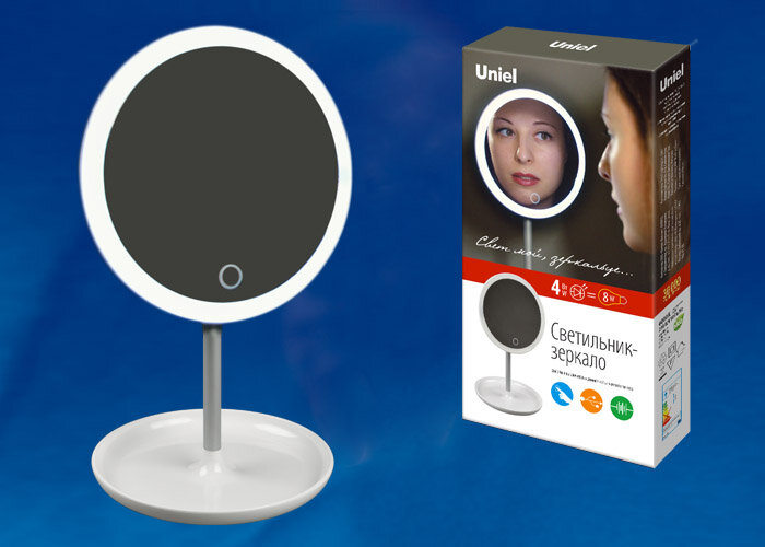 TLD-590 White/LED/80Lm/6000K/Dimmer Настольный светильник - зеркало, 4W. Встроенный аккумулятор 3.7V/600mAh. Сенсорный выключатель. Диммер. Белый. ТМ Uniel - фото