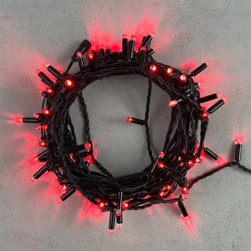 Гирлянда Нить с Колпачком 10м Красная 24В, 100 LED, Провод Черный ПВХ, IP65. Фото 1.