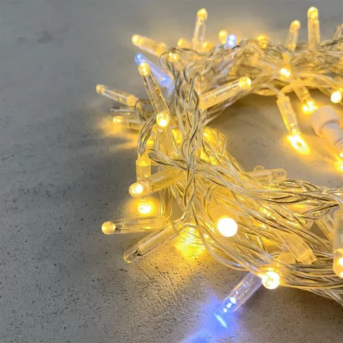 Гирлянда Нить с Колпачком 10м Тепло-Белая с Мерцанием Белого Диода 220В, 100 LED, Провод Прозрачный ПВХ, IP65. Фото 2.