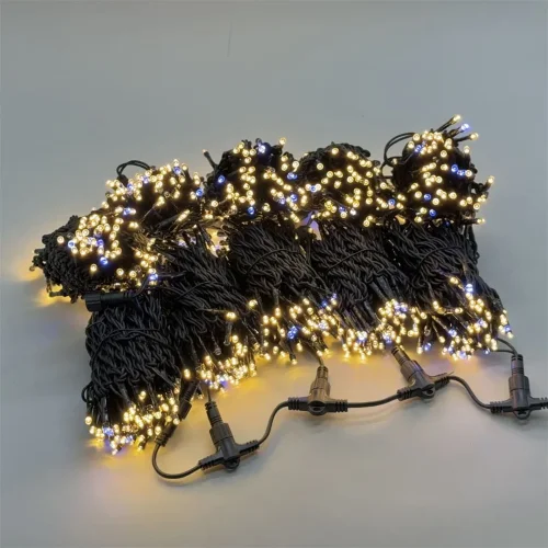 Комплект 5 Тепло-Белых Нитей по 20м с Мерцанием Белого Диода, 1000 LED, Провод Черный Каучук 2,3мм, IP54. Фото 1.