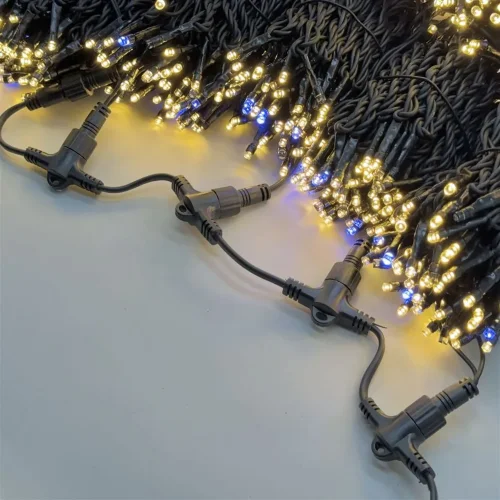 Комплект 5 Тепло-Белых Нитей по 20м с Мерцанием Белого Диода, 1000 LED, Провод Черный Каучук 2,3мм, IP54. Фото 2.