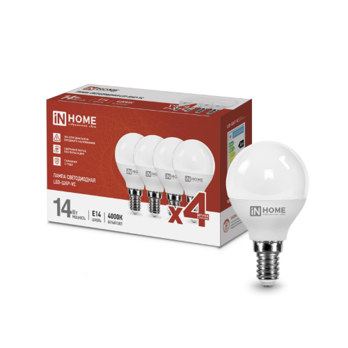 Лампа светодиодная LED-ШАР-VC 4PACK 14Вт 230В Е14 4000К 1330Лм (4шт./упак) IN HOME - Фото
