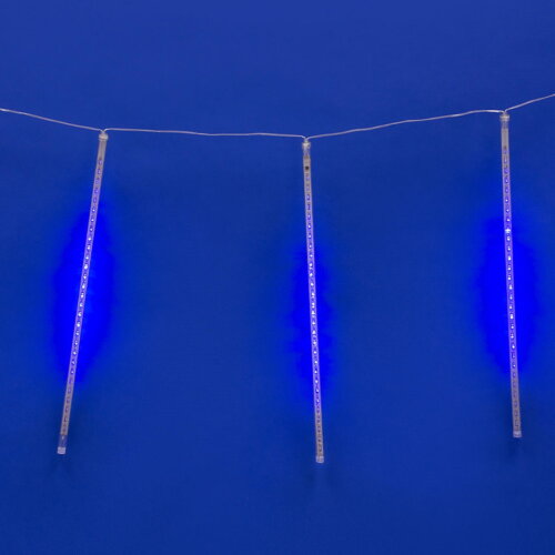 ULD-E2405-240-DTK BLUE IP44 METEOR Занавес светодиодный фигурный Падающие звезды, соединяемый, 2х0.5м, 8 подвесов, Синий свет, Провод прозрачный. - фото 1