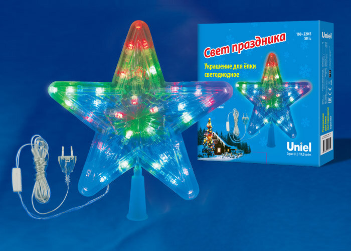 ULD-H2222-030/DTA MULTI STAR-1 Украшение светодиодное для ёлки «Звезда-1», 22 см. 30 светодиодов. Разноцветный свет. Прозрачный провод. - фото