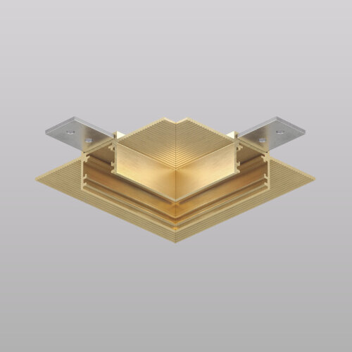 Угловой элемент трека SHINE HIDE для ГКЛ 12,5 мм, 90°, потолок–потолок, сатинированная латунь, алюминий.