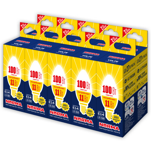 LED-C37-11W/WW/E14/FR/NR Набор из 10штук Лампа светодиодная. Форма "свеча", матовая. Серия Norma. Теплый белый свет (3000K) Картон. ТМ Volpe - фото
