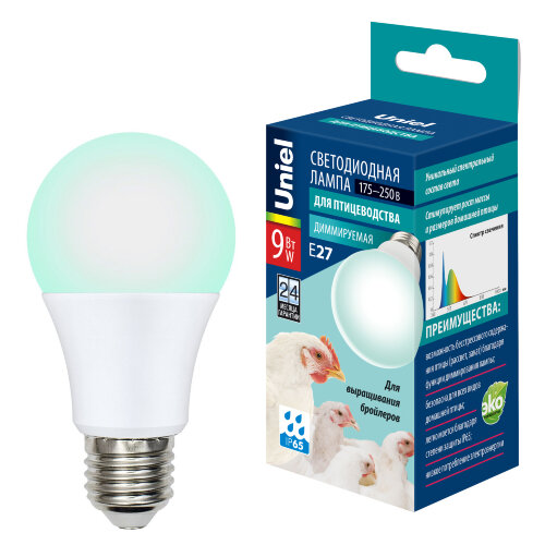 LED-A60-9W/SCBG/E27/FR/DIM IP65 PLO65WH Лампа светодиодная диммируемая для бройлеров. Спектр синий и зеленый. - фото