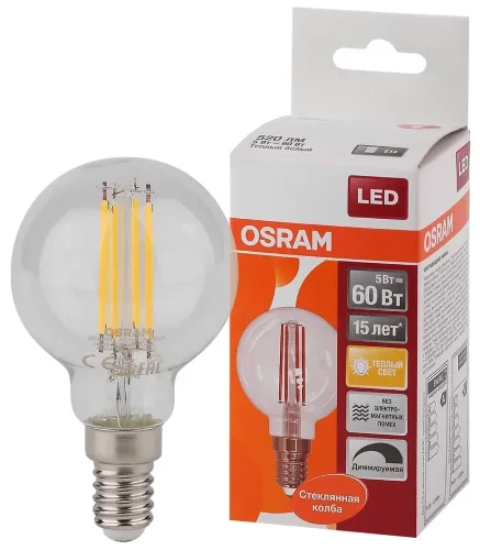 Лампа светодиодная филаментная 5W 4000K (=60W) E14 | Шарик | LED Star 2Y FILAMENT | - OSRAM. Фото