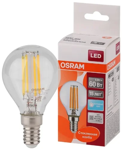 Лампа светодиодная филаментная 5W 4000K (=60W) E14 | Шарик | LED Star 2Y FILAMENT | - OSRAM. Фото 2