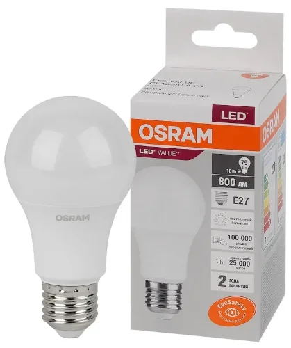 Лампа светодиодная LV 10SW/4000K (=75W) E27 | LED Value 2Y | Груша | - OSRAM. Фото 2