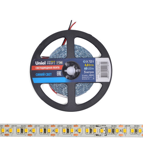 ULS-M11-2835-60LED-m-8mm-IP20-DC12V-4.8W-m-5M-BLUE PROFI Гибкая светодиодная лента на самоклеящейся основе, Катушка 5м, в герметичной упаковке, Синий свет. - фото 5
