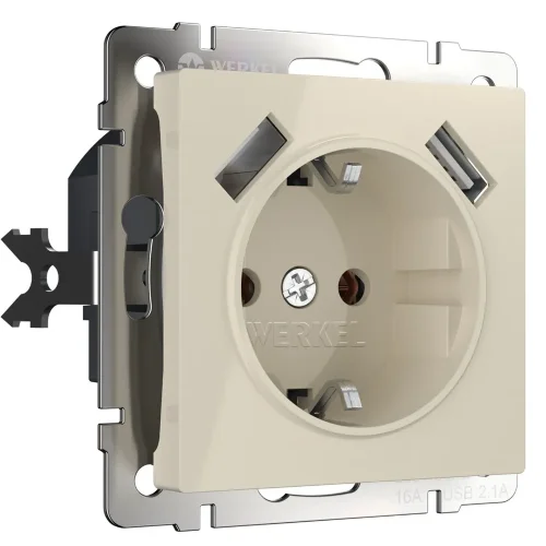 Розетка с заземлением, шторками и USBх2 (слоновая кость) W1171503 - фото