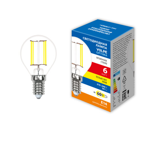 LED-G45-6W-3000K-E14-CL-SLF Лампа светодиодная, Форма шар, прозрачная, Теплый белый свет 3000K - фото 3