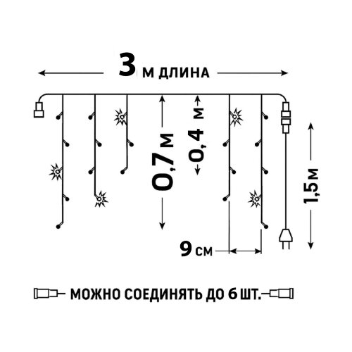 ULD-B3010-200-TWK WHITE IP67 Бахрома светодиодная с эффектом мерцания, 3м, Соединяемая, 200 светодиодов, Белый свет, Провод белый. - фото 10
