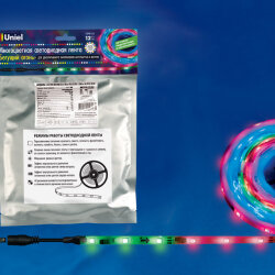 ULS-F20-5050-30LED-m-10mm-IP65-DC12V-7.2W-m-5M-RGB SMART Гибкая светодиодная лента на самоклеящейся основе, Катушка 5 м, в герметичной упаковке, RGB свет, Бегущий огoнь.