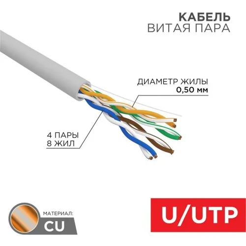 Кабель витая пара U/UTP кат.5E 4х2х24AWG solid CU ZH нг(А)-HF сер. (305м) Rexant 01-0069 - фото