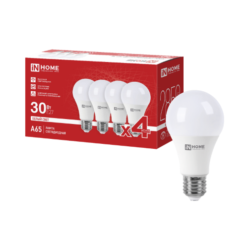 Лампа светодиодная LED-A65-VC 4PACK 30Вт 230В Е27 4000К 2850Лм (4шт./упак) IN HOME - Фото