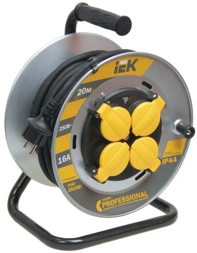 Удлинитель на метал. катушке 4х20м с заземл. 16А IP44 Professional УК20 КГ 3х1.5 термозащита IEK WKP16-16-04-20-44 - фото
