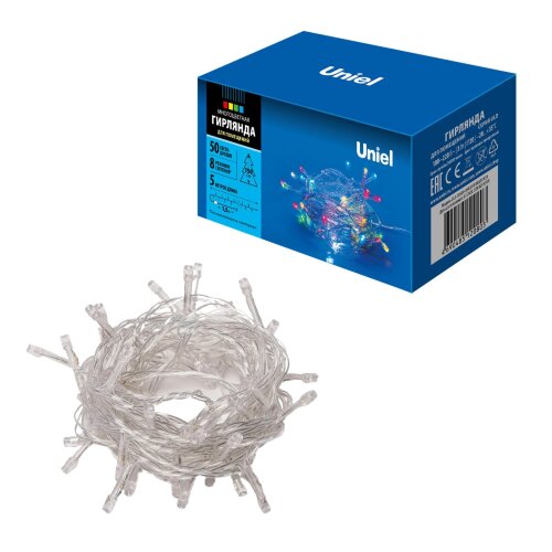 ULD-S0500-050/DTA MULTI IP20 Гирлянда светодиодная с контроллером, 5м. 50 светодиодов. Разноцветный свет. Провод прозрачный. ТМ Uniel - фото