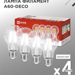 Лампа светодиодная LED-A60-deco 4PACK 9Вт 230В Е27 4000К 1040Лм (4шт./упак) прозрачная IN HOME