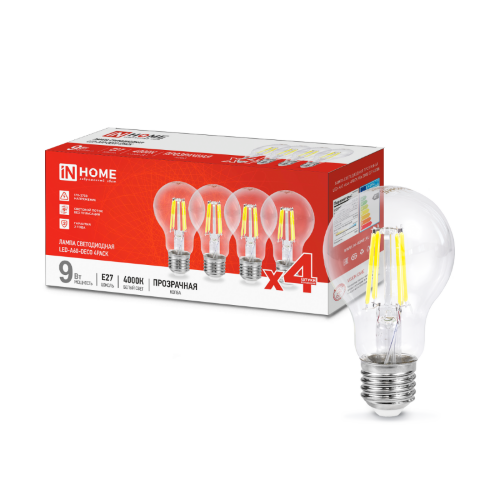 Лампа светодиодная LED-A60-deco 4PACK 9Вт 230В Е27 4000К 1040Лм (4шт./упак) прозрачная IN HOME - Фото 2