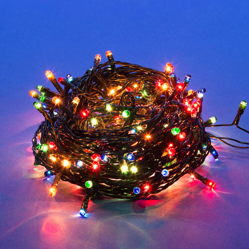 UDL-S1000-200-DGA MULTI IP20 MINI Гирлянда с контроллером, 10м, 200 миниламп накаливания, Разноцветный свет, Провод зеленый. - фото 1