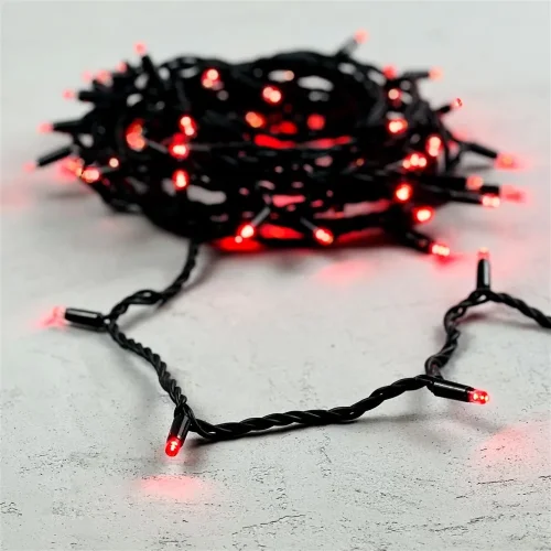 Гирлянда Нить 10м Красная 220В, 75 LED, Провод Черный Каучук, IP65. Фото 5.