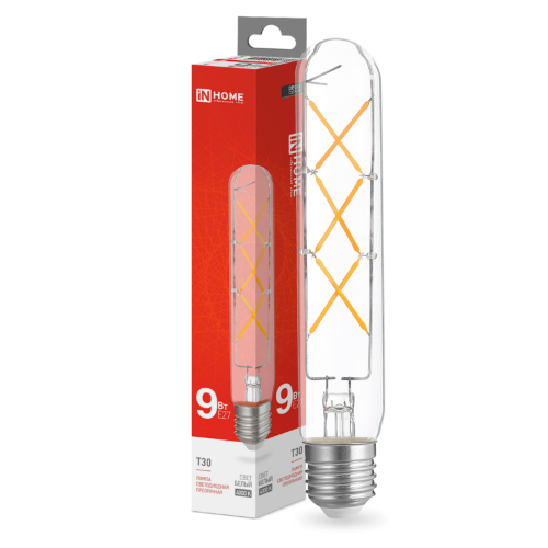 Лампа светодиодная LED-T30-deco 9Вт 230В Е27 4000К 1140Лм 225мм прозрачная IN HOME - Фото