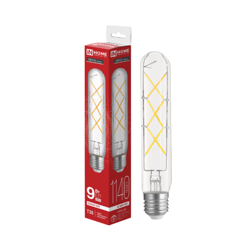 Лампа светодиодная LED-T30-deco 9Вт 230В Е27 4000К 1140Лм 225мм прозрачная IN HOME - Фото