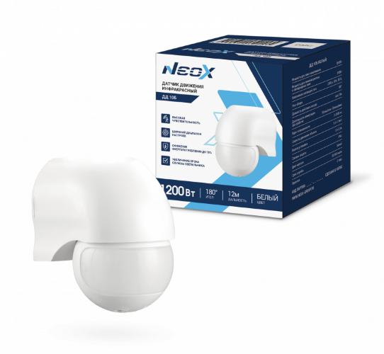 Датчик движения инфракрасный ДД 10Б 1200Вт 180 гр. 12м IP44 белый NEOX - Фото