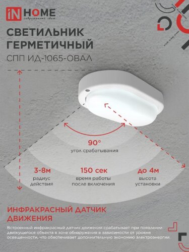 Светильник светодиодный герметичный СПП ИД-1065-ОВАЛ 10Вт 6500К 900Лм с инфракрасным датчиком IP65 160х88мм IN HOME - Фото 5