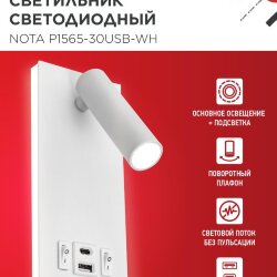 Светильник светодиодный NOTA P1565-30USB-WH 15Вт 6500К с подсветкой 3000К USB type C белый IN HOME