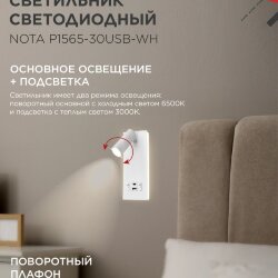 Светильник светодиодный NOTA P1565-30USB-WH 15Вт 6500К с подсветкой 3000К USB type C белый IN HOME
