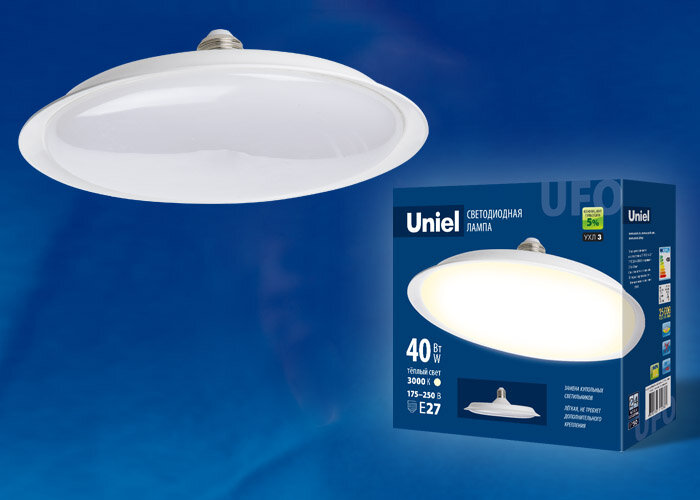 LED-U220-40W/3000K/E27/FR PLU01WH Лампа светодиодная. Форма «UFO», матовая. Теплый белый свет (3000K) - фото