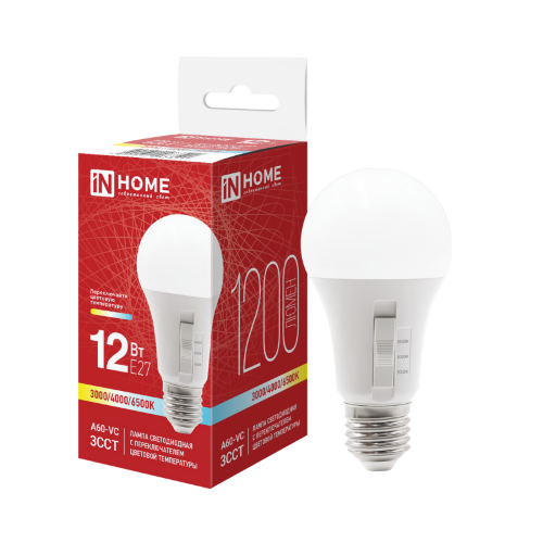 Лампа светодиодная LED-A60-VC 12Вт 230В Е27 1200Лм 3ССТ 3000/4000/6500К с переключателем на лампе IN HOME - Фото