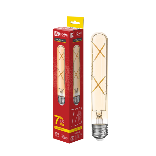 Лампа светодиодная LED-T30-deco gold 7Вт 230В Е27 3000К 720Лм 185мм золотистая IN HOME - Фото 2