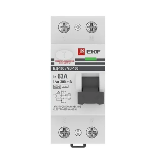Выключатель дифференциального тока (УЗО) 2п 63А 300мА тип AC 6кА ВД-100 электромех. PROxima EKF elcb-2-6-63-300-em-pro - фото 2