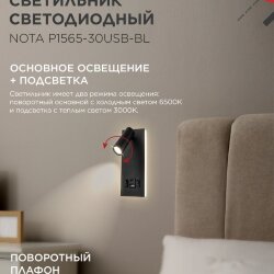 Светильник светодиодный NOTA P1565-30USB-BL 15Вт 6500К с подсветкой 3000К USB type C черный IN HOME