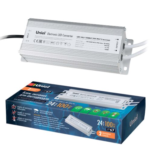 UET-VAJ-100B67 Блок питания для светодиодов с защитой от короткого замыкания и перегрузок, алюминиевый корпус, 100Вт, 24В, IP67, 2 выходных канала - фото 3