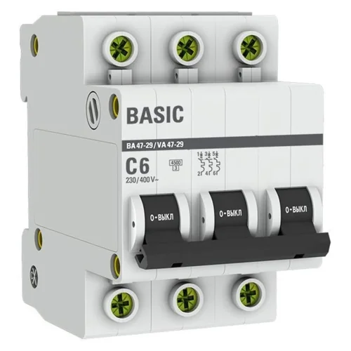 Выключатель автоматический модульный 3п C 6А 4.5кА ВА 47-29 Basic EKF mcb4729-3-06C - фото