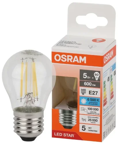 Лампа светодиодная филаментная 5W/6500K (=60W) E27 | Шарик | LED Star 5Y FILAMENT | - OSRAM. Фото 2