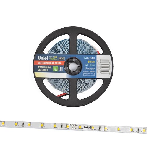 ULS-2835-60LED-m-8mm-IP20-DC24V-6W-m-5M-WW Гибкая светодиодная лента на самоклеящейся основе, Катушка 5 м, в герметичной упаковке, Теплый белый свет 3000K. - фото 3
