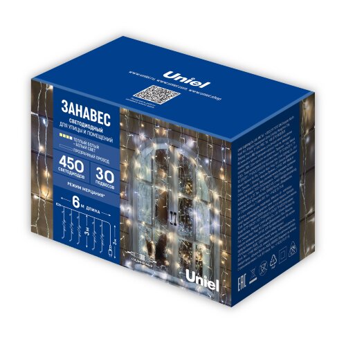 ULD-C6030-450-TTK WARMWHITE-WHITE IP44 Занавес светодиодный с эффектом мерцания, 6х3м, Соединяемый, 450 светодиодов, Теплый белый и белый свет, Провод прозрачный, TM Uniel - фото 6